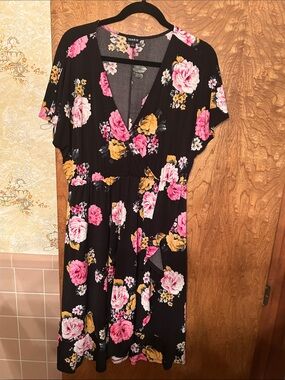 torrid Black Floral Faux-Wrap Dress with Pink & Yellow Roses